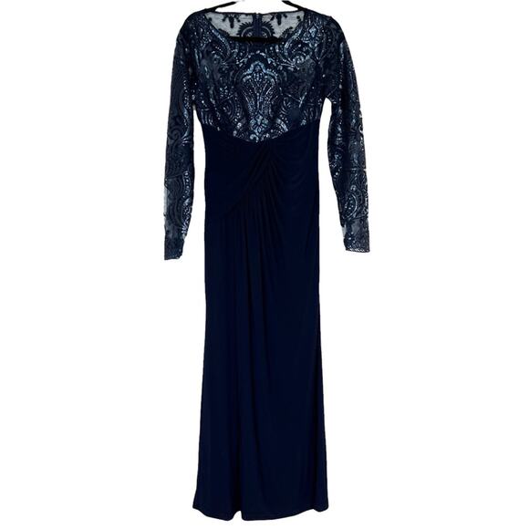 Eliza J Navy Blue Draped Sleeve Sequin Gown Formal Dress - Picture 5 of 9
